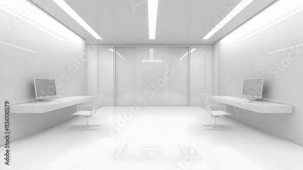 Fototapeta Minimalist white office interior with two workstations and sleek design.