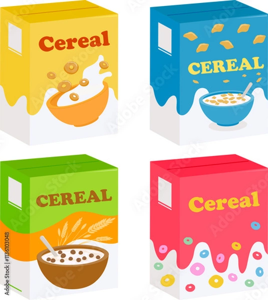 Fototapeta Boxes of cereal packaging in different flavors. Cereal ring cornflakes, chocolate cereal product and milk splashes. Vector illustration