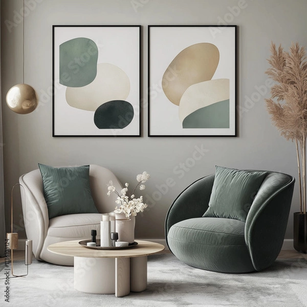 Fototapeta mock up poster frame in modern interior background, dinning room, Scandinavian style, 3D render, 3D illustration