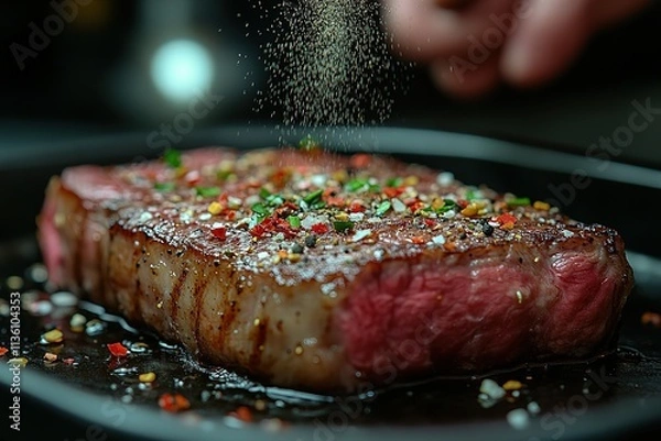 Obraz Close-up of a juicy grilled steak being seasoned with salt and spices. The steak rests on a black plate, its surface glistening with flavorful oils.