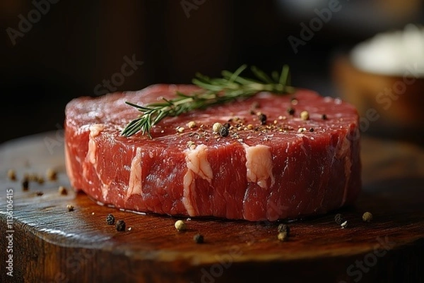 Obraz A piece of meat with rosemary and pepper on top
