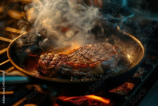 Obraz A piece of meat is cooking in a pan with smoke coming out of it