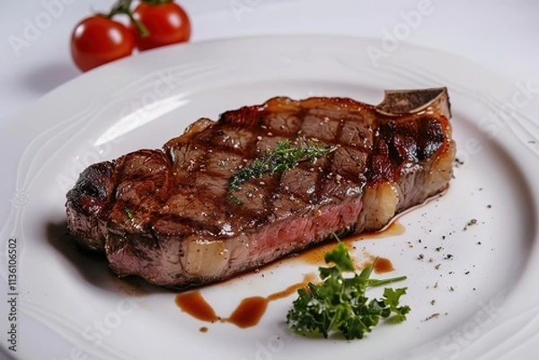 Obraz A steak is on a white plate with parsley and tomato slices
