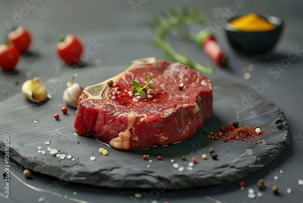 Obraz A piece of meat is on a black plate with a variety of spices and herbs