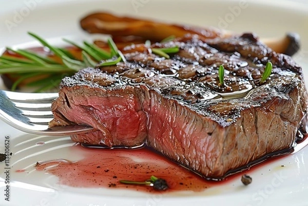 Obraz A piece of meat is cut in half and is sitting on a plate with a fork