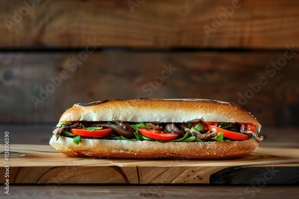 Obraz A sandwich with meat, lettuce, and tomatoes on a wooden cutting board