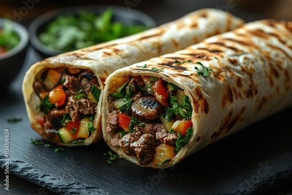 Obraz Two burritos with meat and vegetables on a black table
