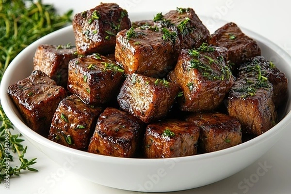 Obraz A white bowl filled with meat cubes and herbs