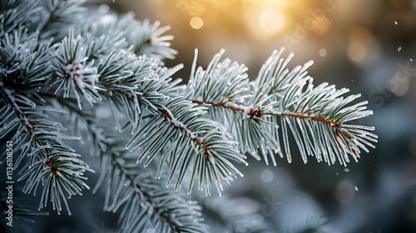 Obraz Frosted Christmas Tree Branch with Festive Lights Bokeh  
