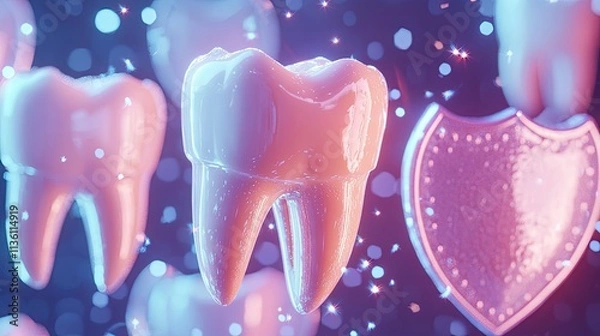 Fototapeta A concept image of teeth surrounded by shields and sparkles, symbolizing protection and cleanliness