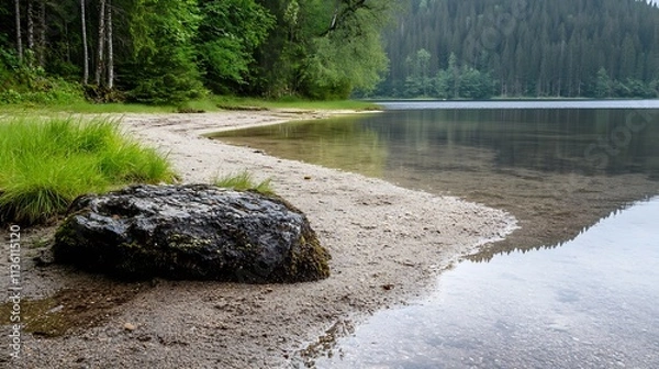 Fototapeta Tranquil Lakeside Shore with Forest Backdrop and Mossy Rock : Generative AI