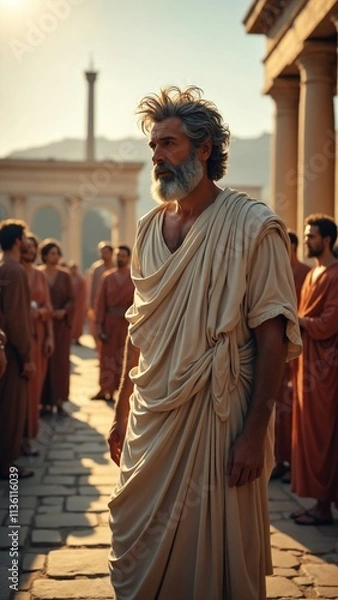 Fototapeta An ancient Greek philosopher, depicted as a middle-aged man with a weathered yet wise face