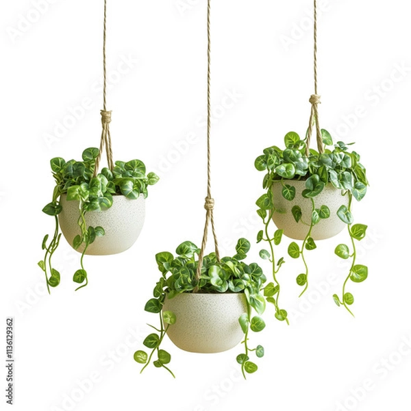 Fototapeta beautiful plants hanging in ceramic pots isolated on transparent background