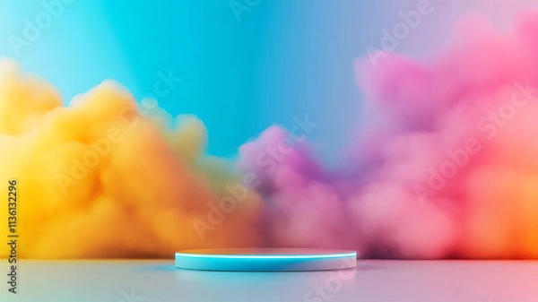 Fototapeta Dynamic podium scene amidst colorful smoke studio setup visual art creative environment artistic perspective