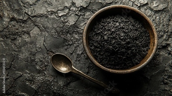 Fototapeta A close-up of fragrant black tea leaves in a bowl set on a textured surface, with a spoon beside them. Generative AI --