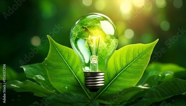 Obraz A light bulb on a green leaf symbolizes renewable energy, sustainable development, and responsible environmental practices