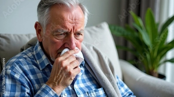 Obraz Sick elderly man sitting on sofa and sneezing into tissue