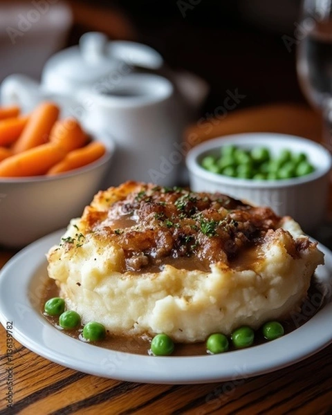 Obraz A delicious plate featuring mashed potatoes, gravy, peas, and carrots.