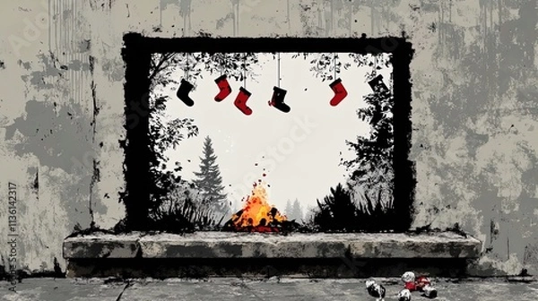 Obraz cozy forest cabin atmosphere: stone tabletop with crackling fire and stockings - perfect poster for rustic home or sports interior decor!