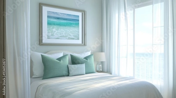 Fototapeta A coastal bedroom with sheer white curtains, seafoam green pillows, and a framed photo of the ocean above the bed