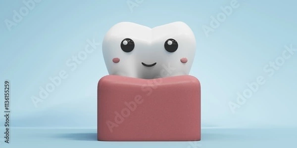 Fototapeta 3D illustration of a molar tooth as a character, highlighting its enamel and root structure. Implant image for dental, medical and educational content on oral hygiene and treatment.
