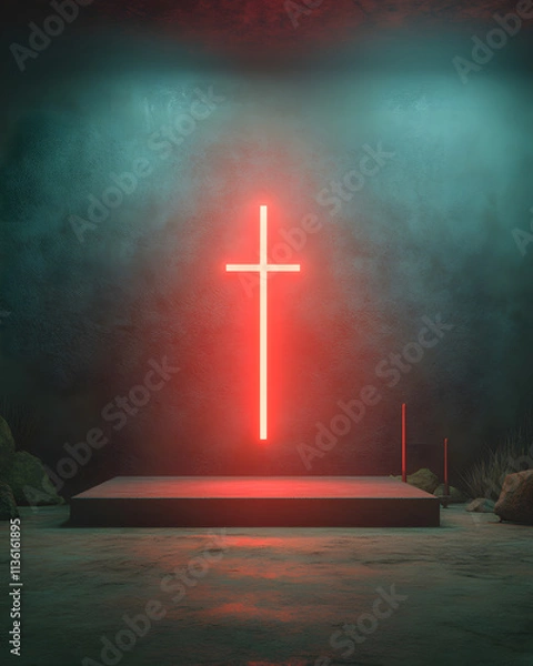 Fototapeta Illuminated podium with cross spiritual retreat digital art intimate setting abstract perspective faith and reflection