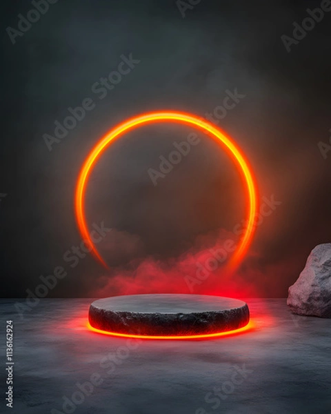 Fototapeta Illuminated podium with fiery halo abstract setting digital art atmospheric scene contemporary design concept