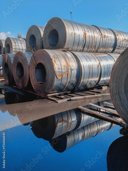Fototapeta A roll of sheet iron. Hot rolled steel rolls are stored outdoors. Rolls of steel sheet. Sheet metal in the port. Steel rolls are available in stock. Steel rolls. A roll of sheet iron.
