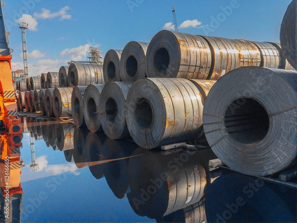 Fototapeta Stacks of steel sheet rolls in the port, cold rolled steel rolls. A roll of sheet iron. Hot rolled steel rolls are stored outdoors. Rolls of steel sheet. Sheet metal in the port. 
