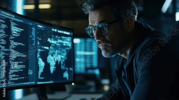 Fototapeta Focused Programmer Analyzing Data on Computer in Dark Office Setting