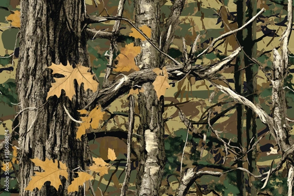 Fototapeta Hunting Camouflage Design with Real Tree Forest Pattern for Military Use