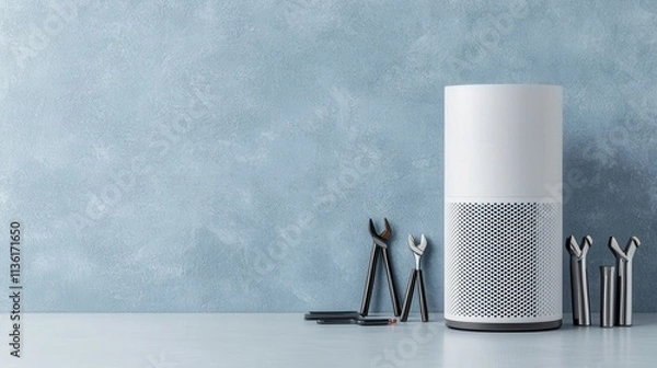Fototapeta Air purifiers filter and improvement, A sleek white smart speaker stands next to various tools against a textured blue background, suggesting a blend of technology and DIY.