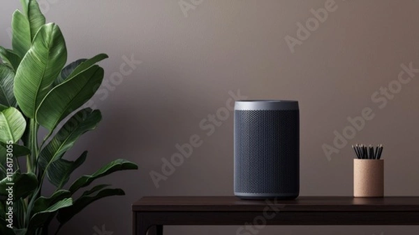 Obraz Air purifiers filter and improvement, A modern room featuring a sleek air purifier next to a potted plant and a container of pens on a wooden table against a neutral wall.