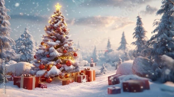 Fototapeta A magical Christmas tree decorated with ornaments and surrounded by snow-covered presents, set in a serene wintry landscape.