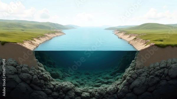 Fototapeta Intricate 3D Cross-Sectional Rendering of a Natural Sea Channel with Smooth Transitions and Rugged Seabed