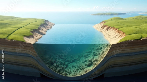 Fototapeta Realistic 3D Cross-Sectional Depiction of a Tranquil Sea Channel with Diverse Terrain and Seabed Structures