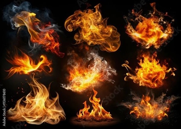 Fototapeta High Resolution Fire Collection on Black Background: Stunning Visuals of Flames, Sparks, and Smoke in Architectural Photography for Artistic and Commercial Use