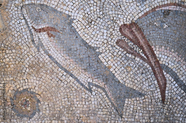 Fototapeta Antique Roman mosaic with sea life motifs located at the archaeological site of Milreu, in Estoi, Algarve, Portugal