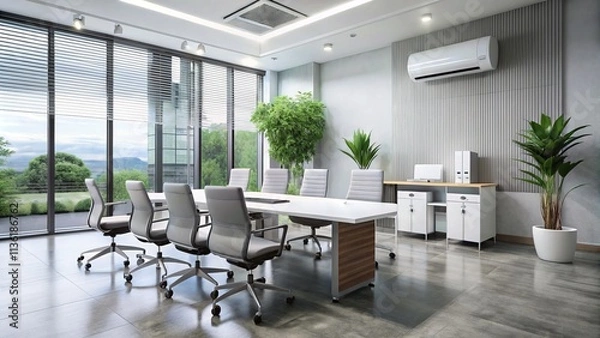 Fototapeta Large White Standing Air Conditioner in Modern Meeting Office Building Providing Comfort and Cool Air for Productive Work Environment