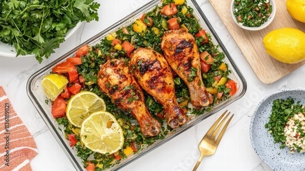 Fototapeta Grilled Chicken Drumsticks on Fresh Herb Salad with Lemon Slices