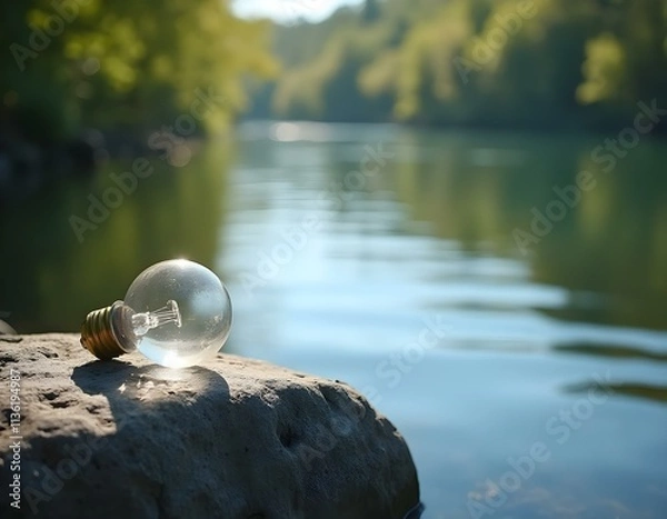 Fototapeta Lightbulb of Ideas Glowing Bulb on a Rock in a Tranquil Lake or River in a Forest Environment
