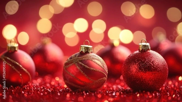 Fototapeta A serene red background with clusters of red Christmas ornaments, capturing the festive essence of the season without any text.