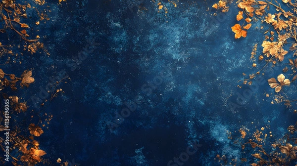 Fototapeta Golden autumn leaves frame on dark blue textured background.