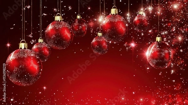 Fototapeta Beautiful red Christmas ornaments sparkling on a deep red backdrop, perfect for creating a holiday-themed greeting card or decoration.