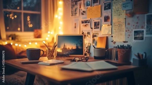 Fototapeta A close-up of a vision board filled with inspiring quotes, images, and goals for personal growth, with a cup of herbal tea beside it, creative workspace, real photo, stock photograph