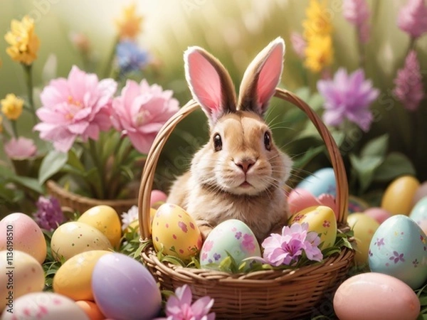 Fototapeta Easter bright decorative eggs in a basket close-up close-up. A realistic fluffy Easter bunny sits in the basket.