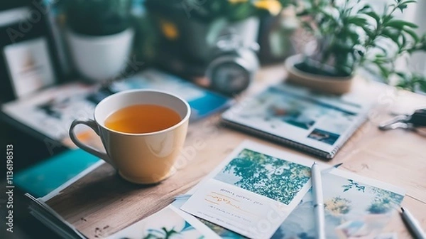 Fototapeta A close-up of a vision board filled with inspiring quotes, images, and goals for personal growth, with a cup of herbal tea beside it, creative workspace, real photo, stock photograph