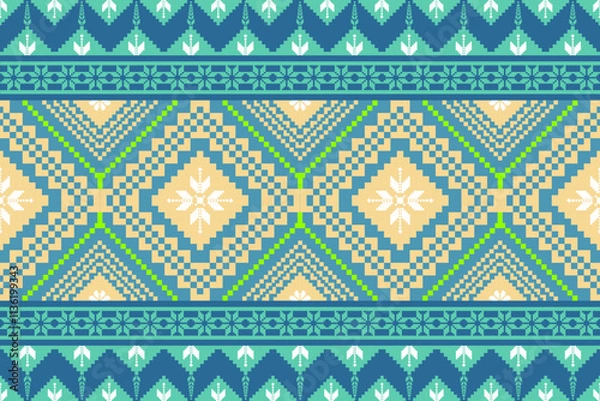 Fototapeta Colorful geometric pattern with diamonds and floral motifs in blue, green, and beige tones, perfect for textiles or backgrounds