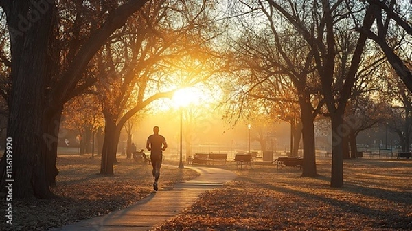 Fototapeta A man jogging in a park during sunrise, wearing a fitness tracker, symbolizing the start of his New Year resolutions for health and fitness, vibrant colors, real photo, stock photograph