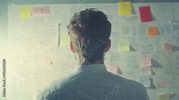 Fototapeta A man standing in front of a whiteboard filled with notes and diagrams, reflecting on the lessons learned in his career over the past year, focused expression, real photo, stock photograph